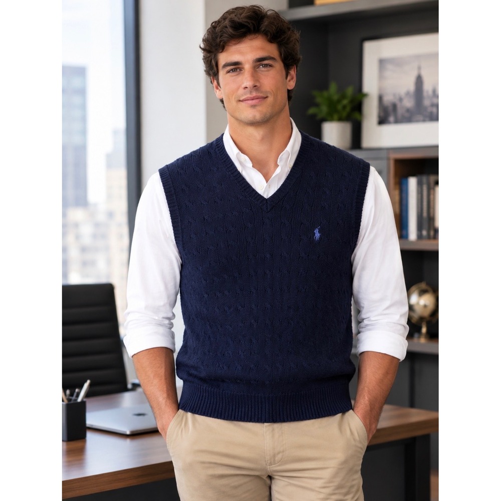 Polo Ralph Lauren Mens Navy Blue Cable Knit Cotton V-Neck Sweater Vest Size M